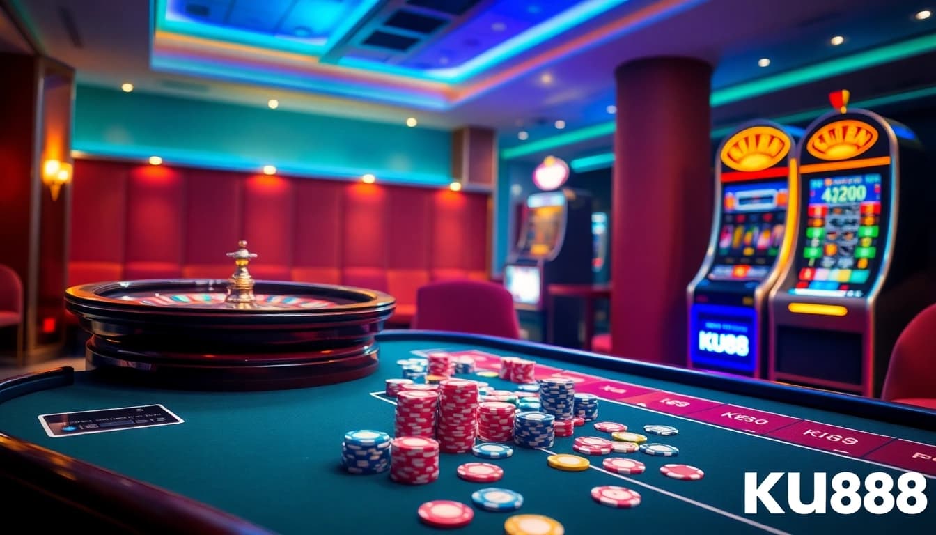 Engaging players at the KU88 casino table with vibrant poker chips and cards.