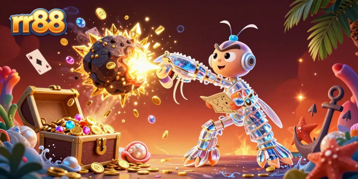 rr88 showcases an epic scene of a galactic samurai mantis shrimp bursting asteroids, capturing the thrill of online gambling.