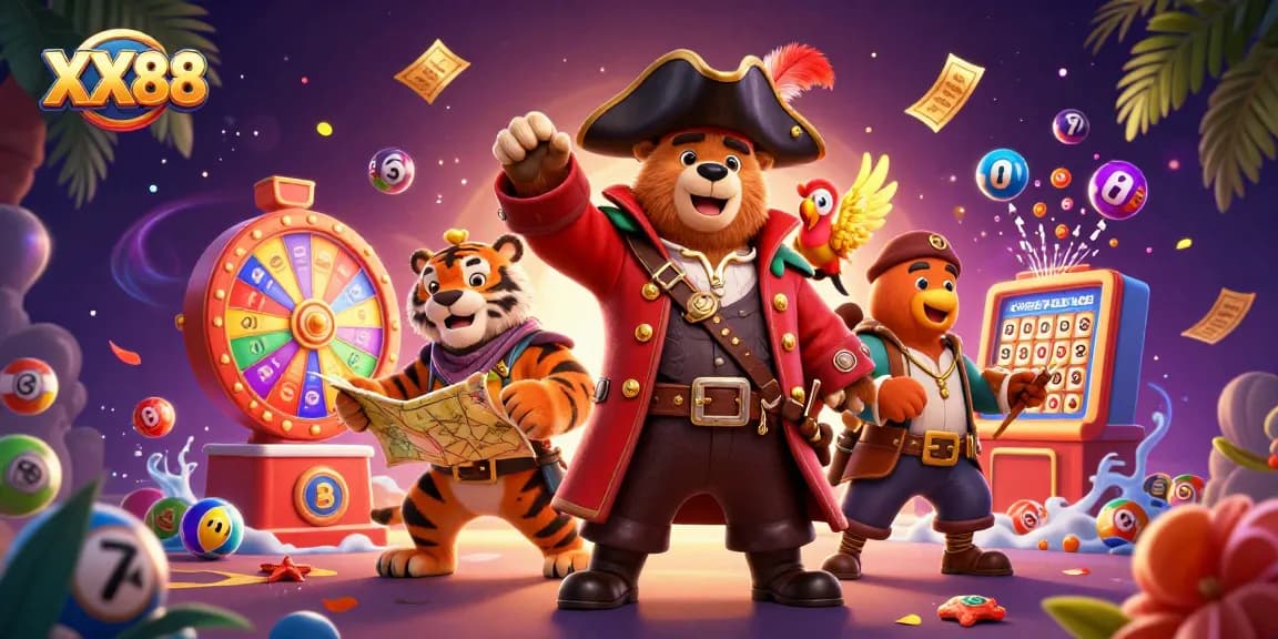 Experience thrilling moments with XX88 as colorful lottery balls and prizes whirl in this vibrant casino scene.