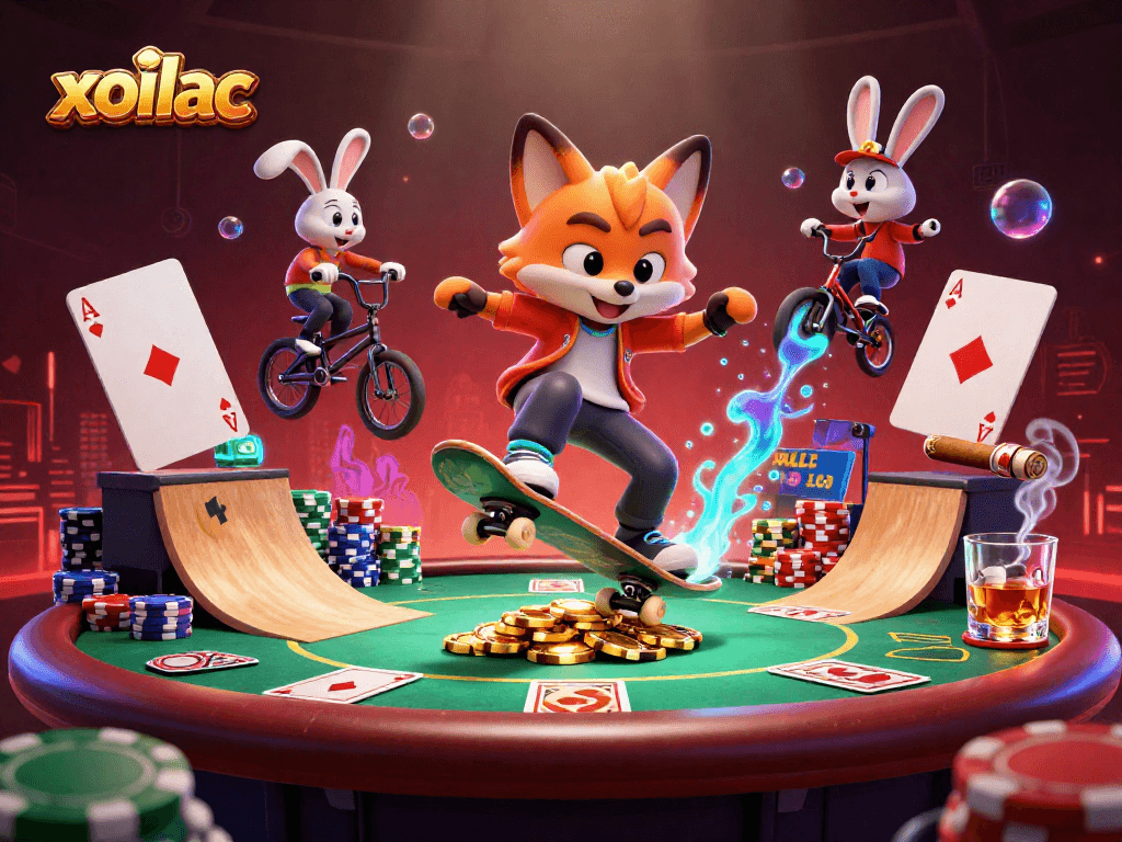 Experience exciting gaming with xoilac in this vibrant 3D casino-themed illustration.