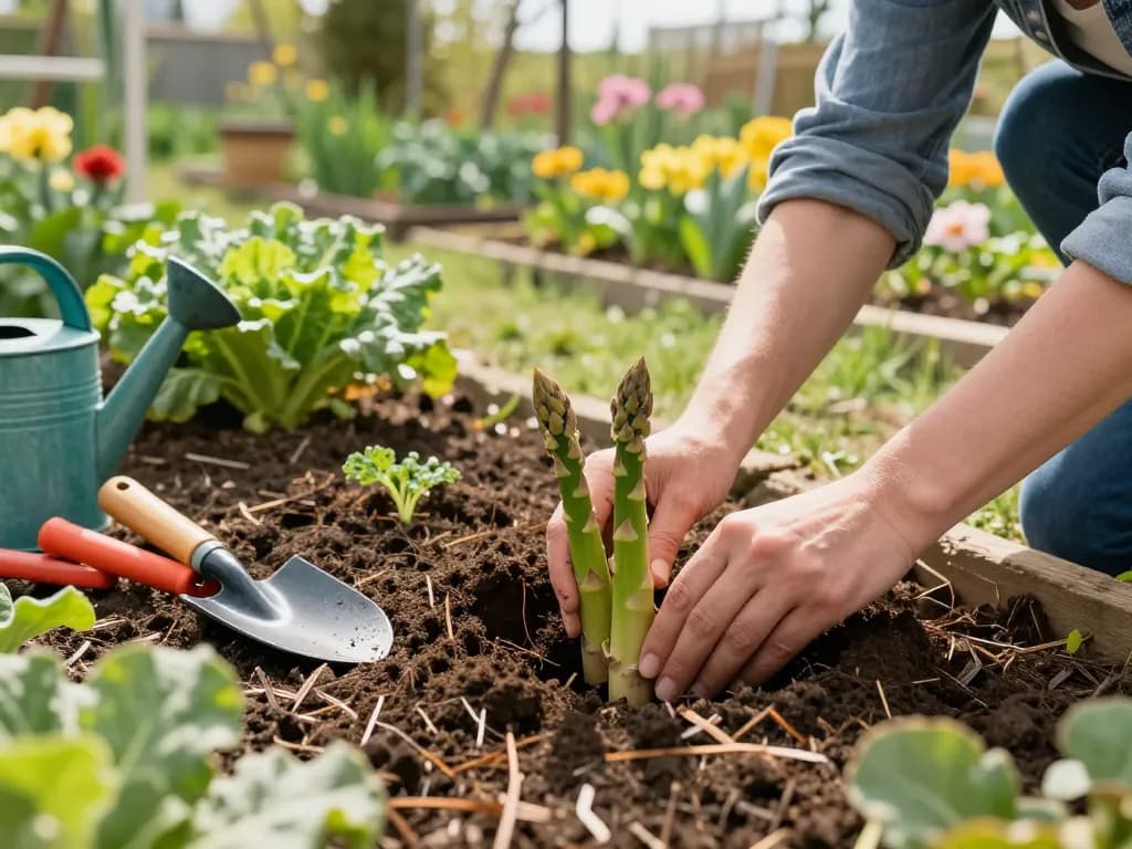 Gardener planting groene asperges planten in vibrant vegetable garden bed