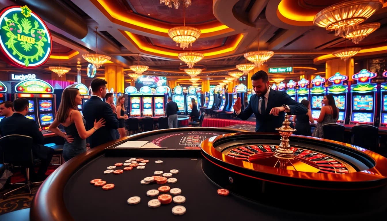 Experience the excitement of Lucky88 casino with vibrant games, poker chips, and glowing slot machines.