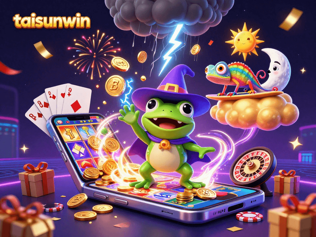 Taisunwin highlights a magical scene with a weather wizard frog and a chameleon amidst golden coins.