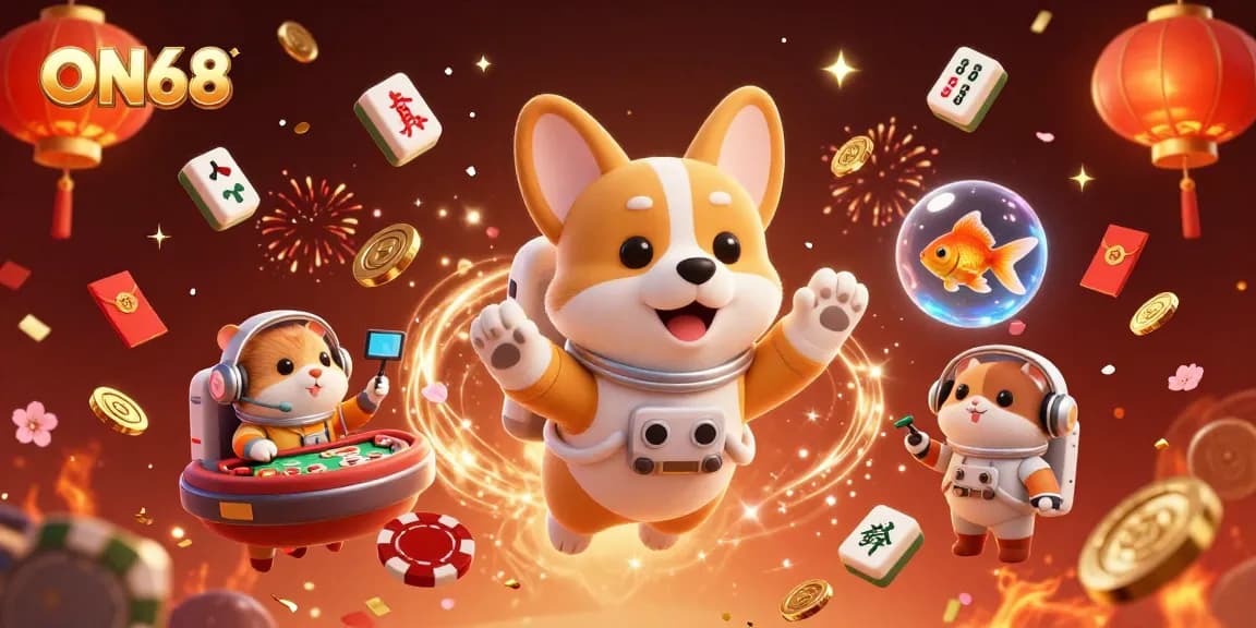 Experience the thrill of gaming at ON68 with a vibrant 3D scene of an astronaut corgi in a cosmic casino.