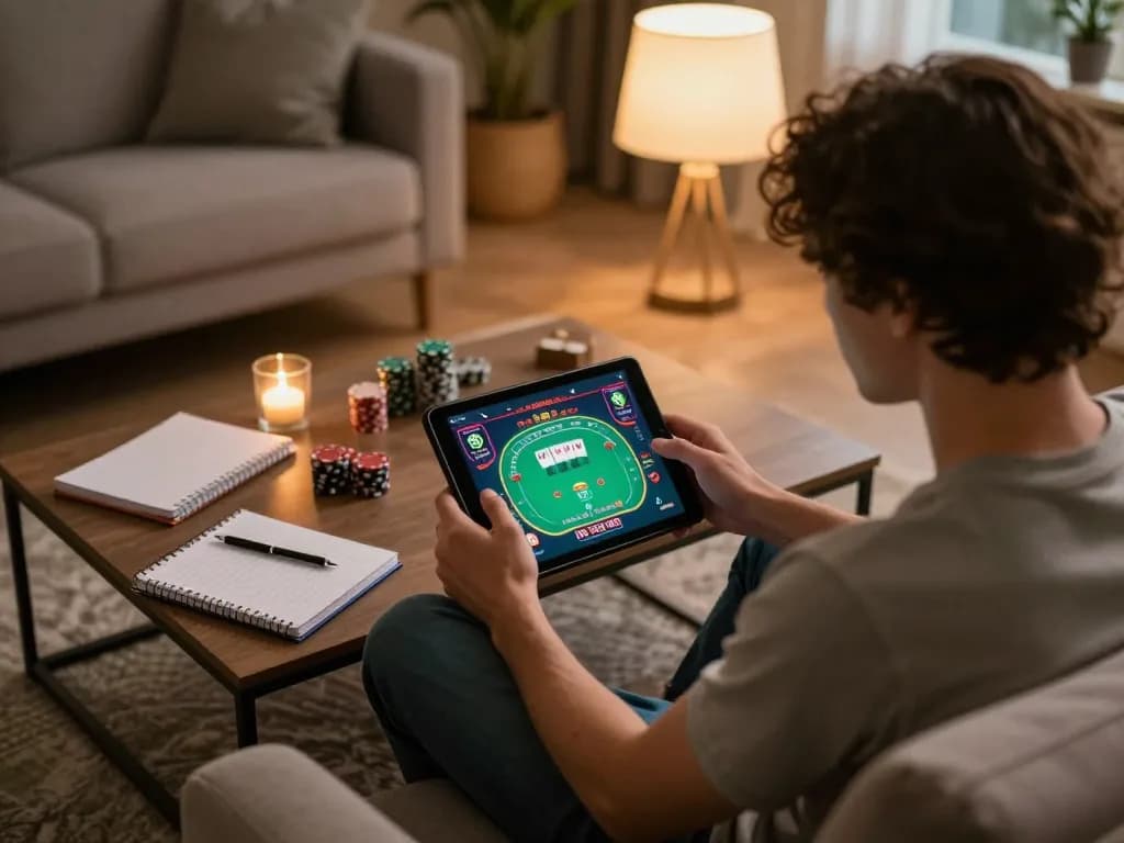 Player engaging in online poker with 566 on tablet in cozy home setting.