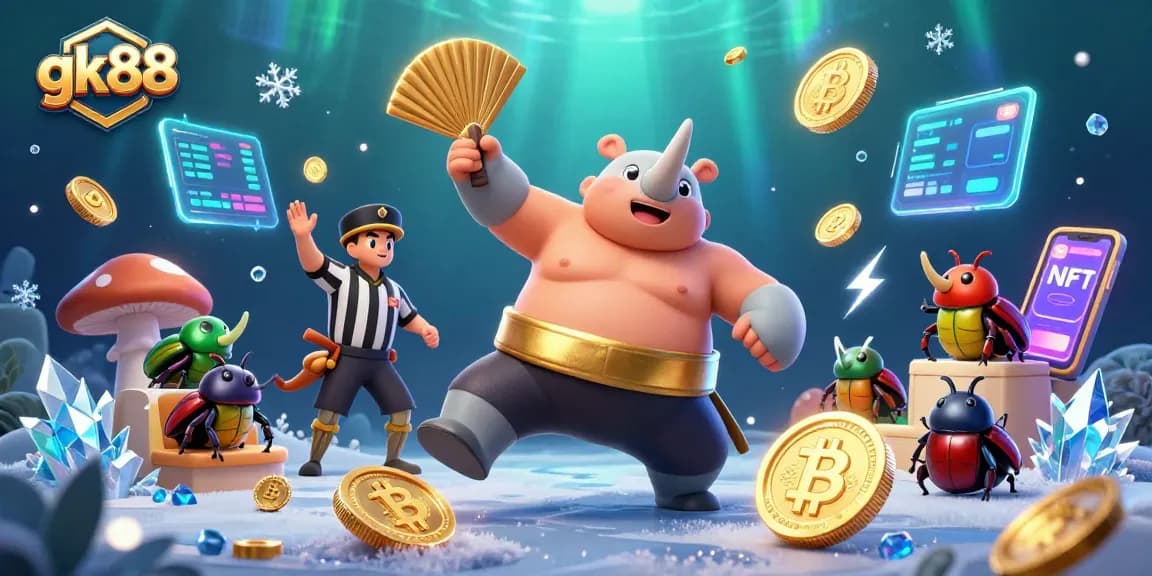 Experience thrilling gambling at gk88 with a powerful beetle champion amidst flying coins and vibrant crypto elements.