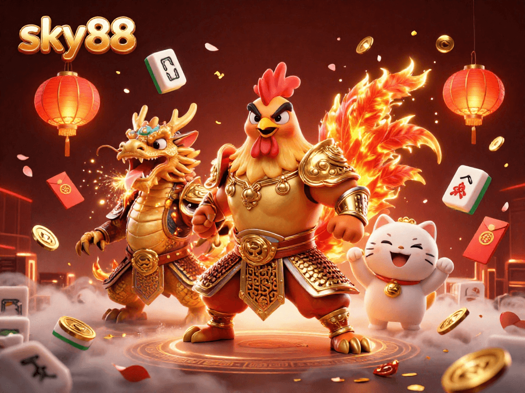 Engaging sky88 theme showcasing a roaring fighting rooster, armor-clad dragon, and lucky fortune cat surrounded by vibrant gaming elements.