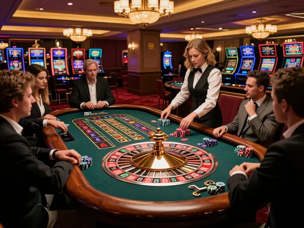 Players engaging in a thrilling roulette game at 9BET's upscale casino venue, enhancing the gambling vibe