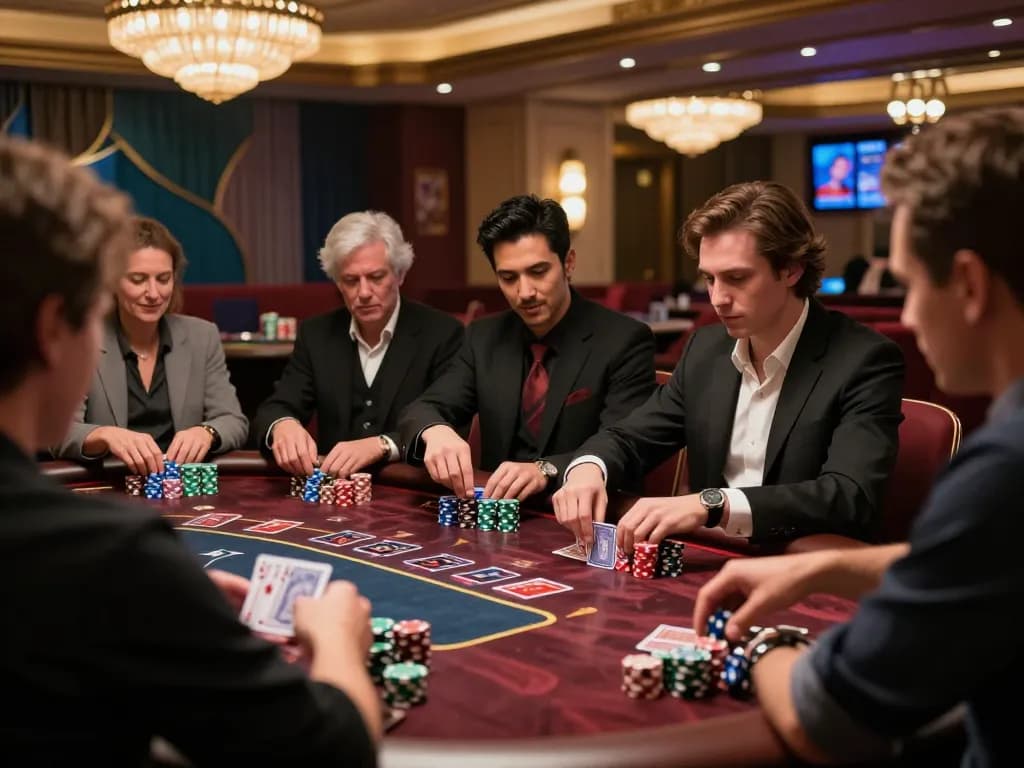 Players engaging in a high-stakes blackjack game at a luxurious casino table, showcasing strategic decision-making.