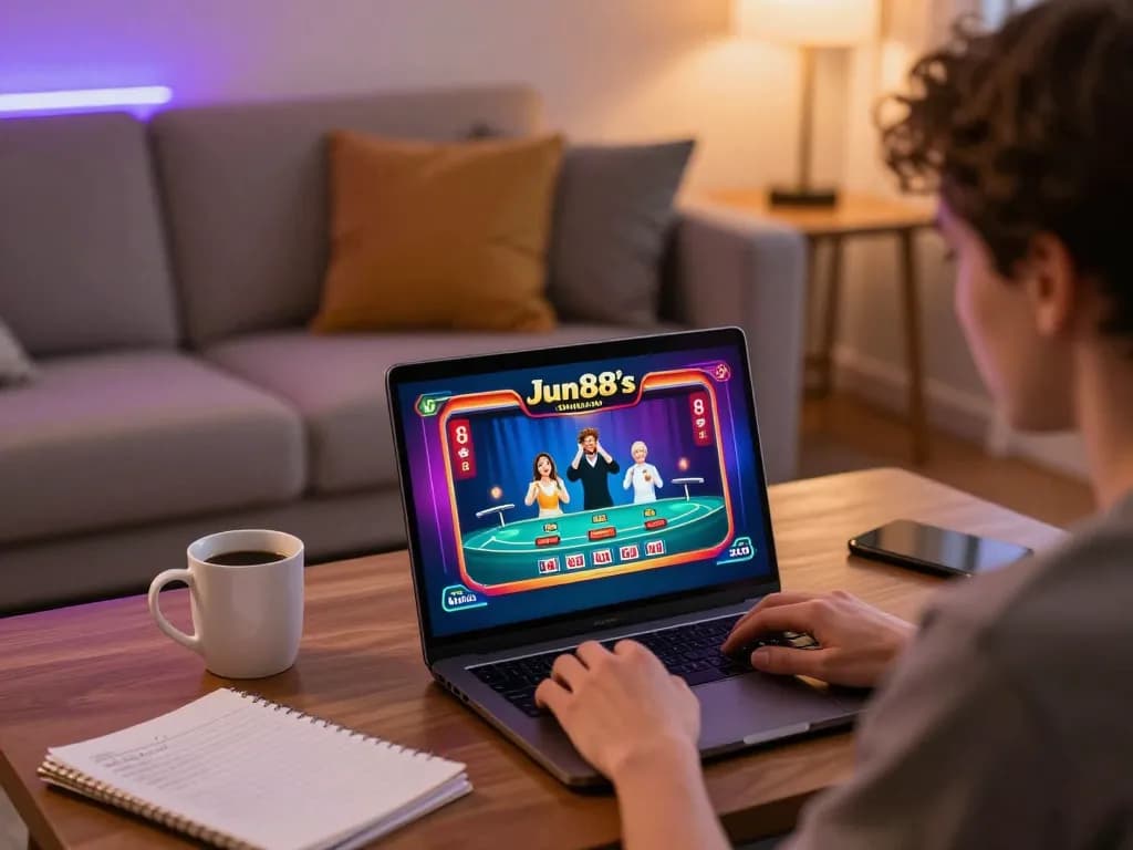 Player enjoying Jun88 online casino gaming on a laptop with a vibrant screen and warm atmosphere