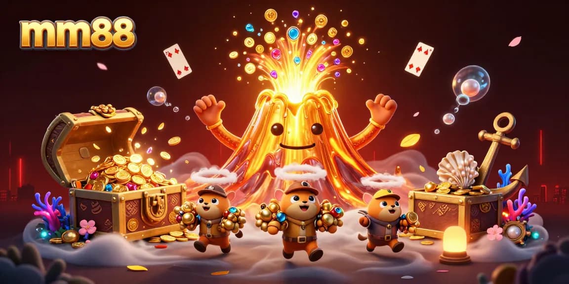 Experience the thrill of mm88 casino games with a vibrant volcano and treasure scene.