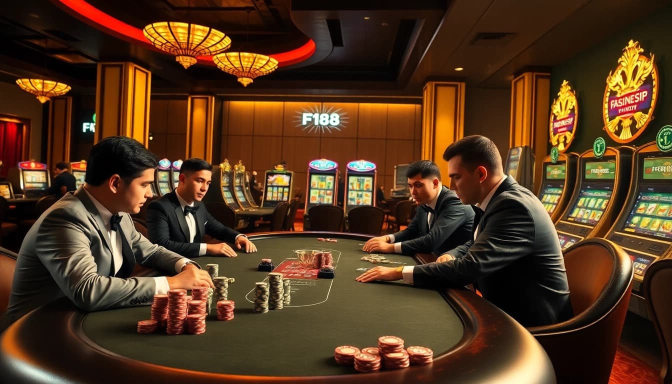 F168 VIP players enjoying high-stakes poker with vibrant casino atmosphere and exciting gameplay.