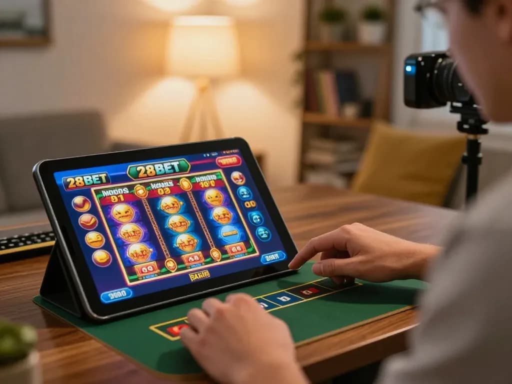 Engaging in online gambling with 28BET on a tablet in a cozy living room atmosphere.