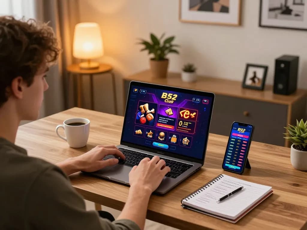 B52 Club player engaging with online casino games on a laptop, showcasing strategic gaming experience.