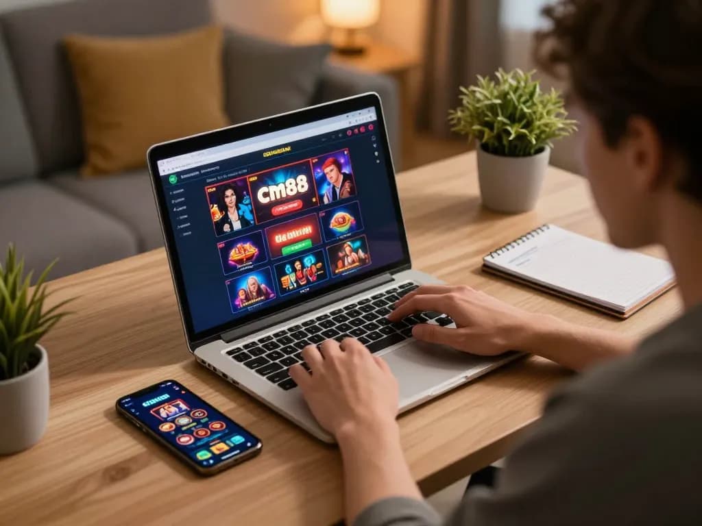 Engaging scene of a player using the cm88 casino platform on laptop, depicting strategic online gaming.
