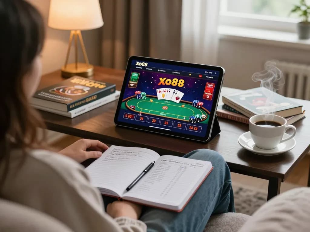 Xo88 player enjoying poker on a tablet while managing bankroll notes in a cozy home setting