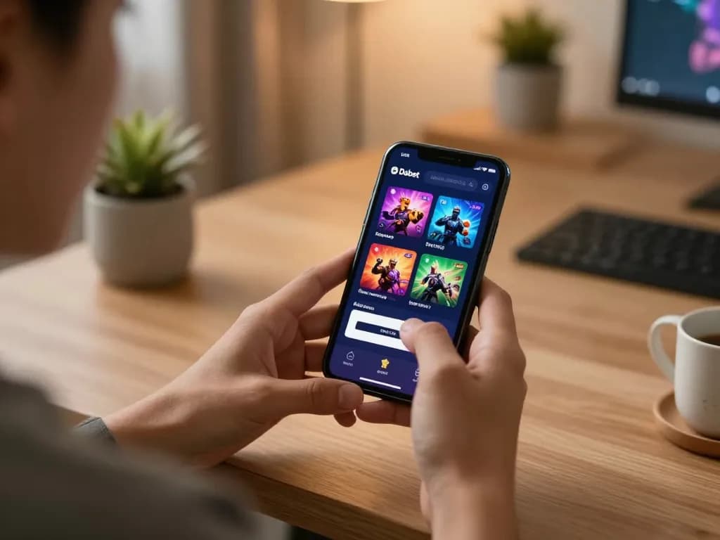 A user accesses Dabet đăng nhập on their smartphone, showcasing a vibrant gaming interface in a cozy home setting.