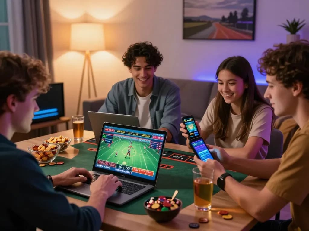 Friends engage in online gambling activities at home, exploring Red88's diverse betting options.