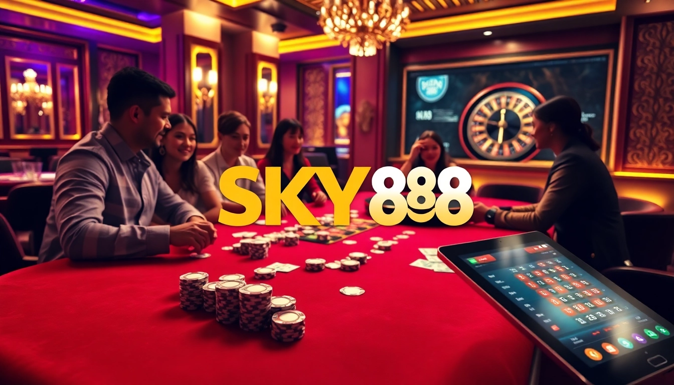 Experience high-stakes excitement at SKY88 casino with poker chips and a roulette wheel.