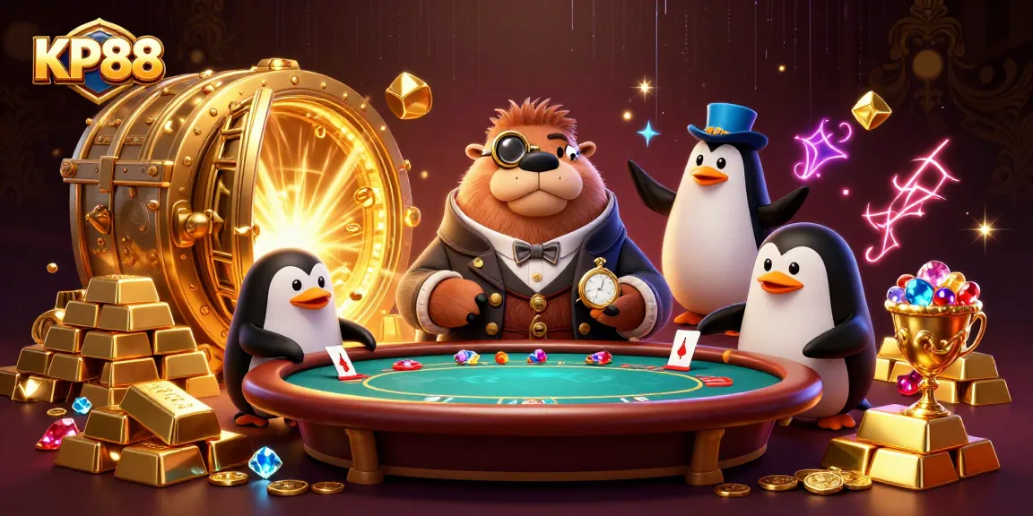 Experience KP88 with a jolly walrus at an underwater poker game featuring exciting casino elements.