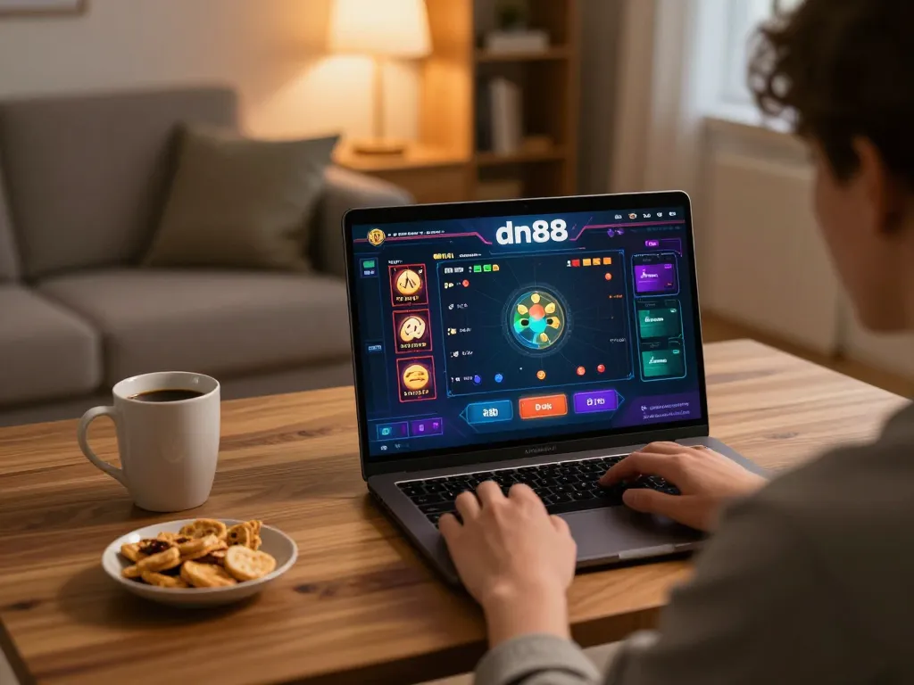 Engaging with dn88 online casino interface in a cozy home setup while focusing on strategic betting.