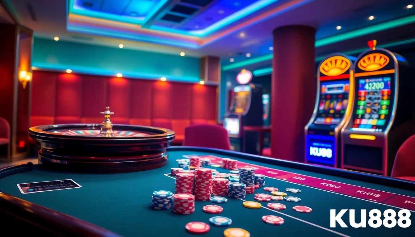 Engaging players at the KU88 casino table with vibrant poker chips and cards.