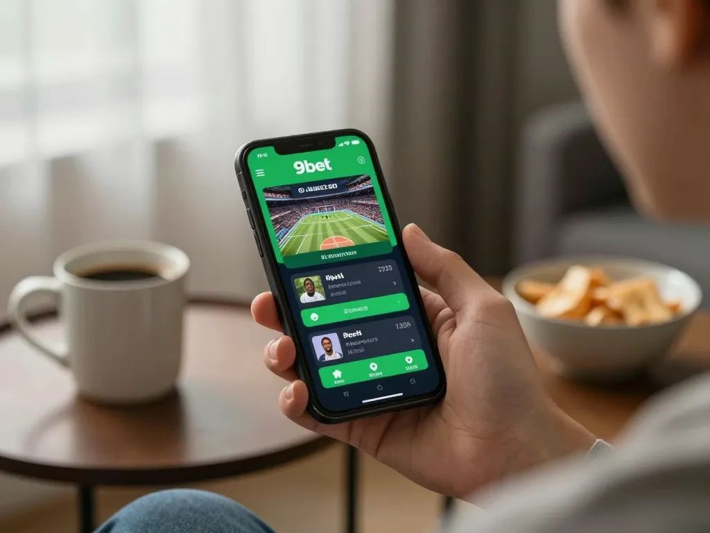 Engaging gameplay with App 9bet on smartphone for sports betting at home setting.