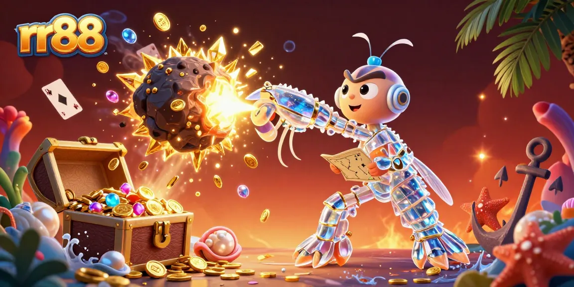 rr88 showcases an epic scene of a galactic samurai mantis shrimp bursting asteroids, capturing the thrill of online gambling.