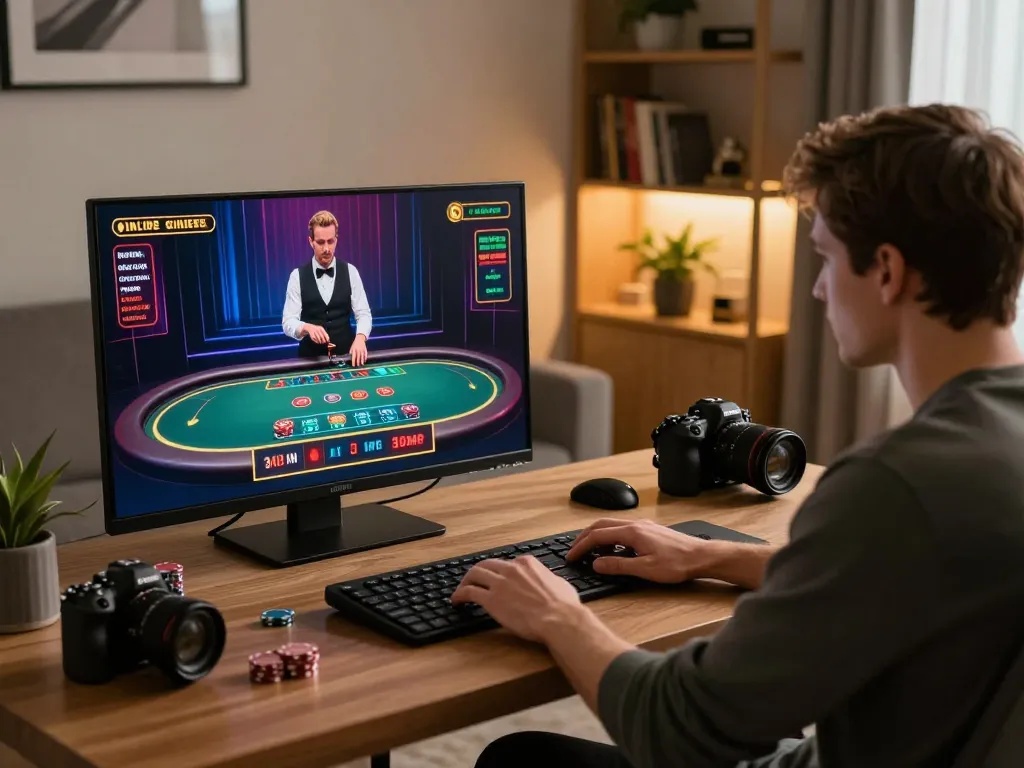 Engaging in kp88 online gaming at home with a stylish setup and live dealer interaction.