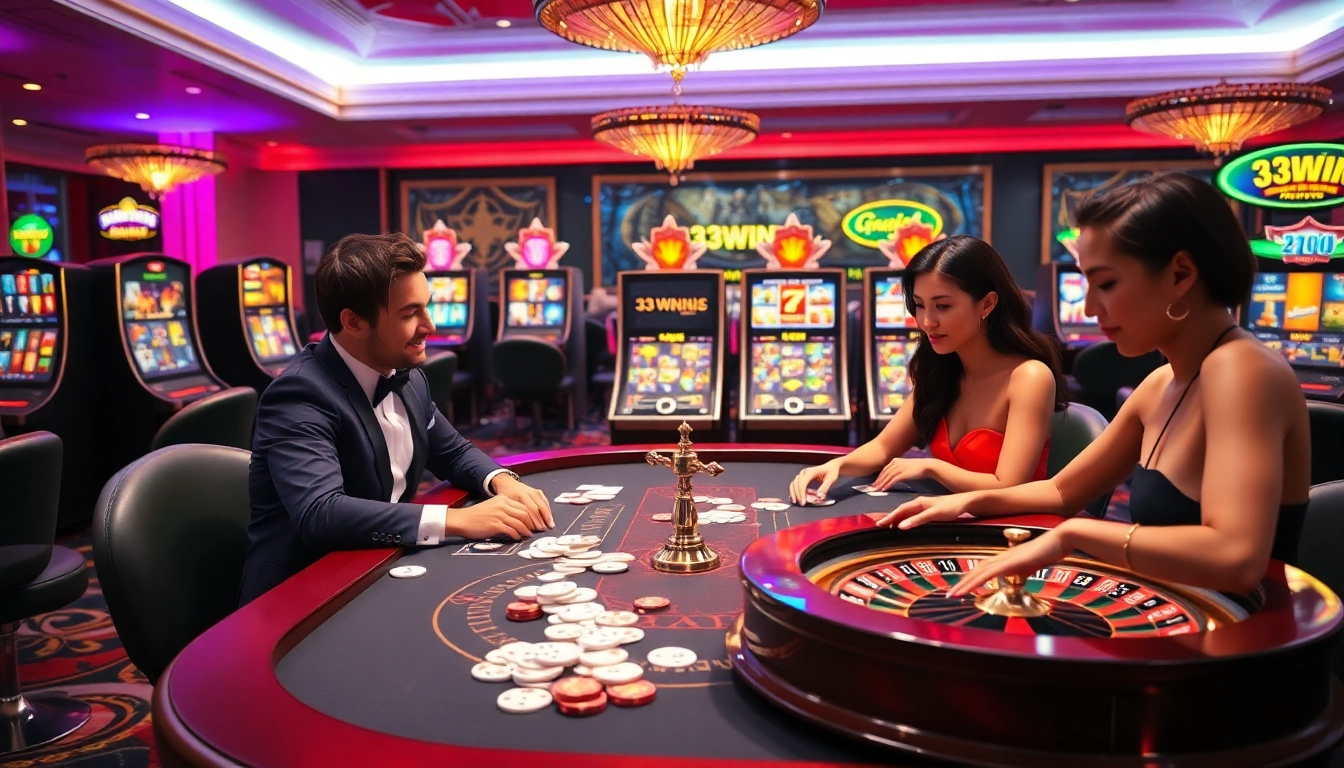 Experience high-stakes gameplay at 33WIN's dazzling casino, featuring poker chips and lively atmosphere.