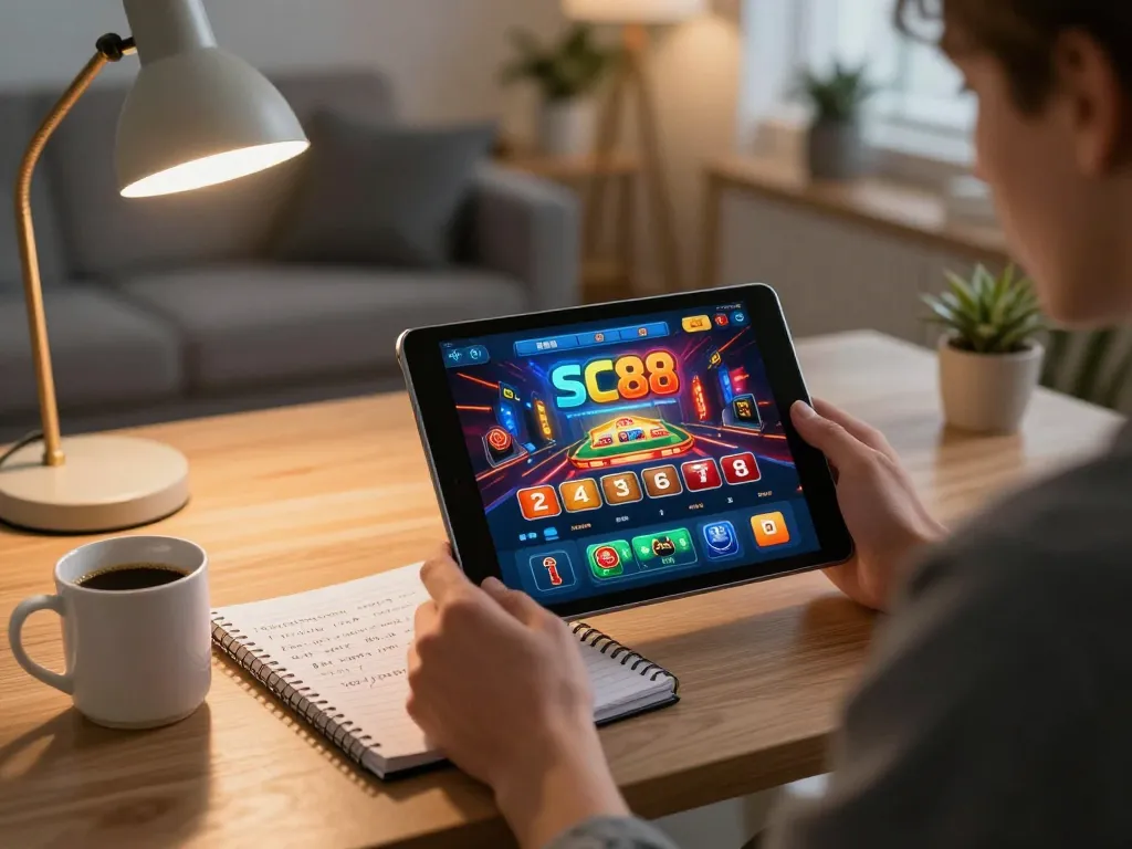 Person engaging in SC88 mobile gaming strategy session on tablet in cozy home office.