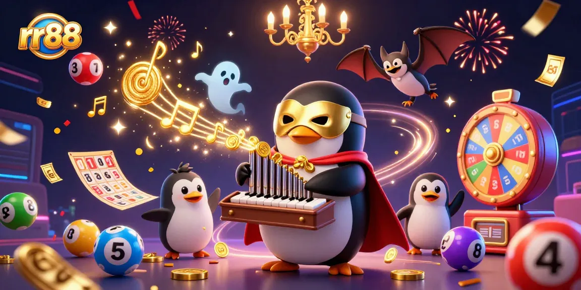 Engage with rr88's thrilling winnings as a penguin plays golden notes at the online casino.