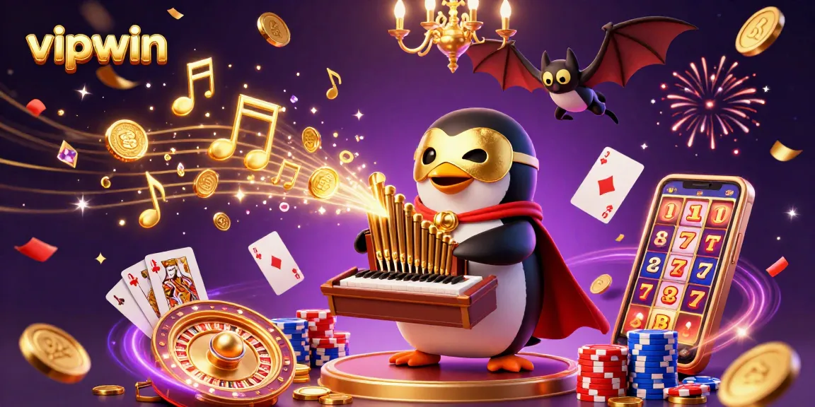 Experience the excitement at vipwin with golden coins and winning elements in a vibrant casino scene.
