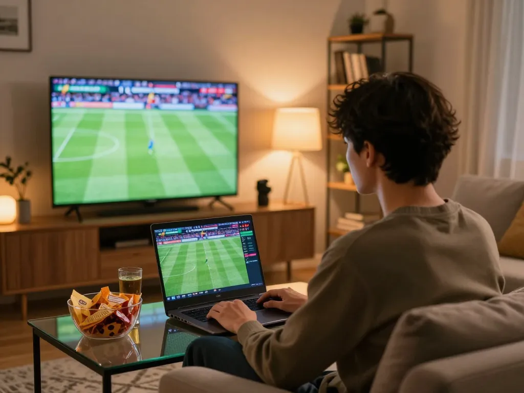 Lu88 player engaging in live sports betting while watching a game at home, showcasing a modern setup.