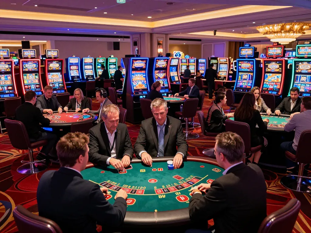 rik88 players strategizing at a vibrant casino table, dynamic gameplay in action, colorful slots in background