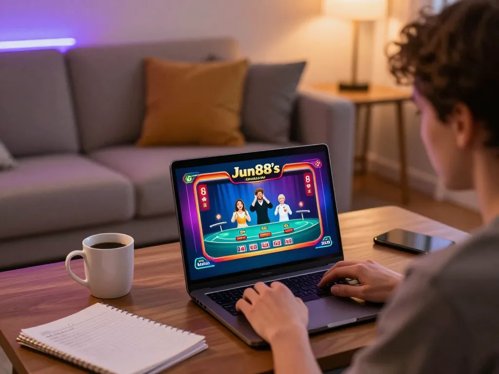 Player enjoying Jun88 online casino gaming on a laptop with a vibrant screen and warm atmosphere