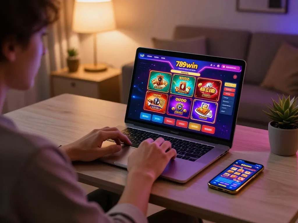 Engaging with 789win vom online casino interface from home, showcasing vibrant games and a cozy setup.