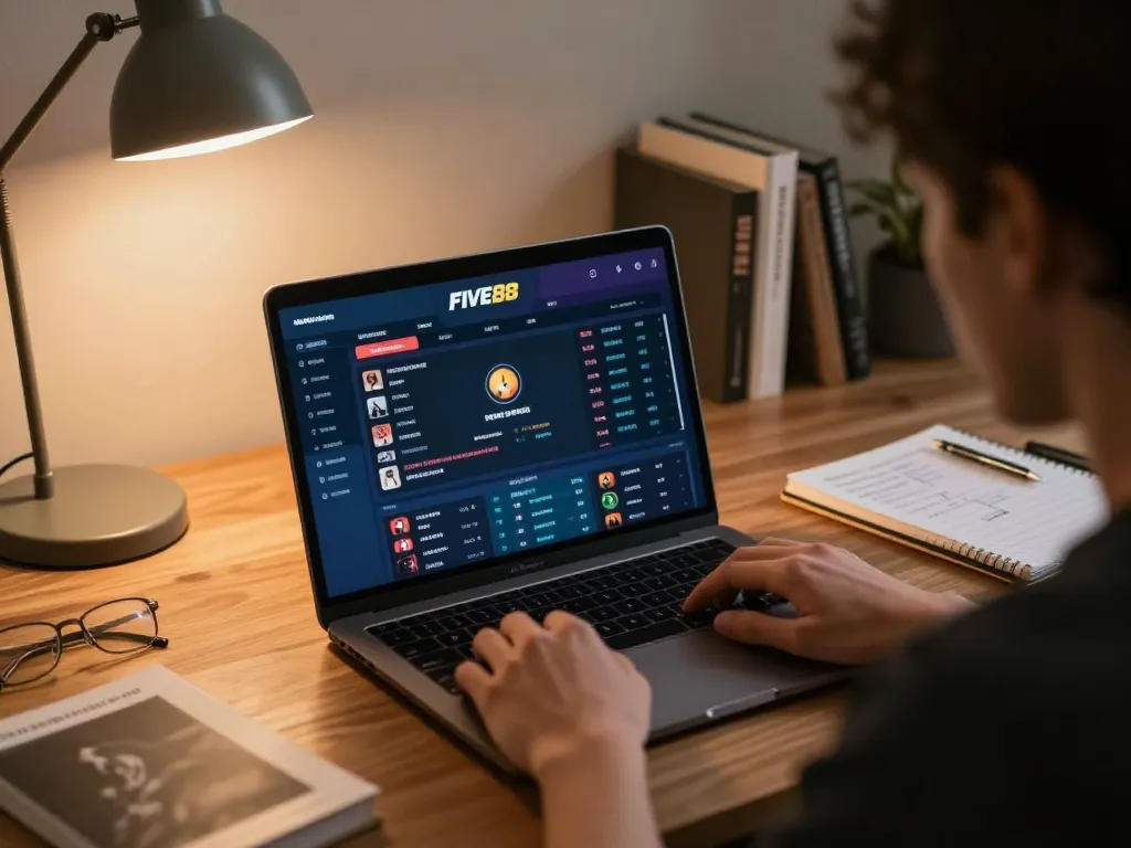 Engaging in Five88 đăng nhập while sports betting at home, laptop showing live odds and betting options.