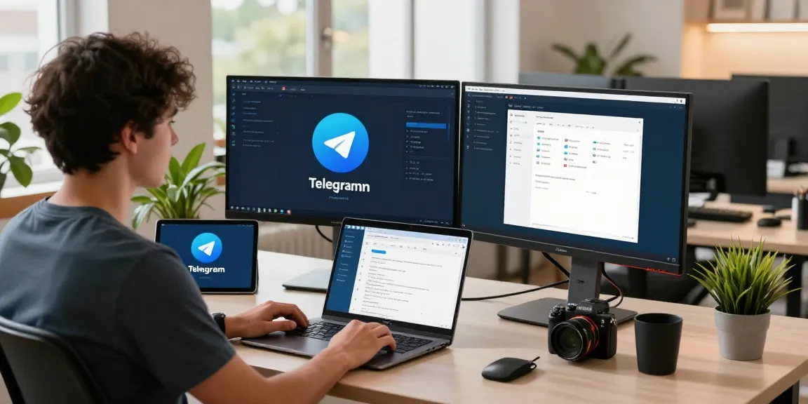 Download Telegram app showcased on developer's workspace with dual monitors and coding interface.