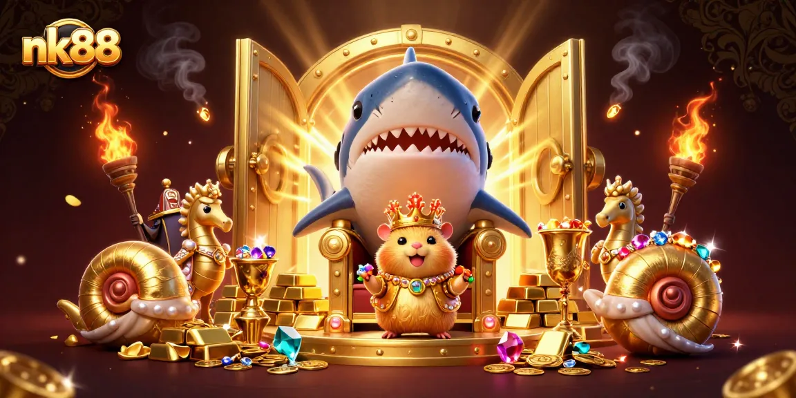 Experience the thrill of nk88 with a golden hamster king in a vibrant casino scene surrounded by treasures.