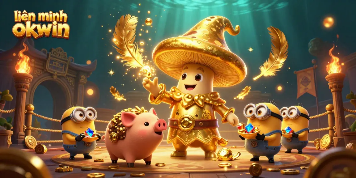 Engage in thrilling adventures with the liên minh okwin golden mushroom wizard and friends in a magical casino scene.