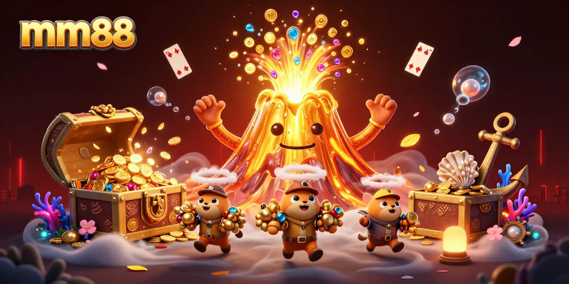 Experience the thrill of mm88 casino games with a vibrant volcano and treasure scene.