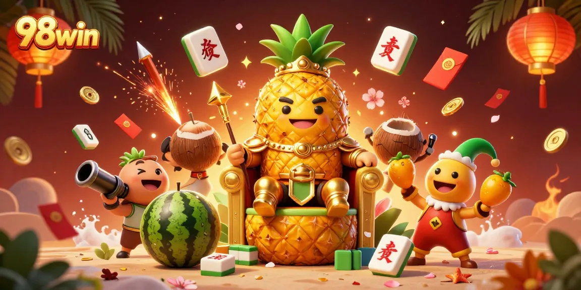 Experience incredible wins at 98win with a vibrant beach casino scene showcasing a pineapple king and lucky symbols.