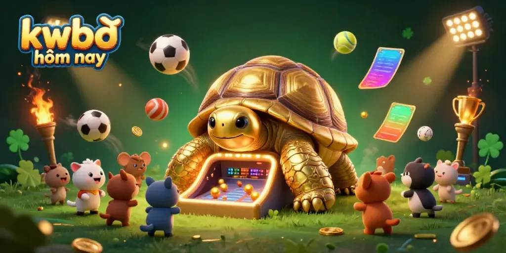 Engage with kqbđ hôm nay while enjoying a lively scene featuring a colossal golden tortoise and animated sports elements.