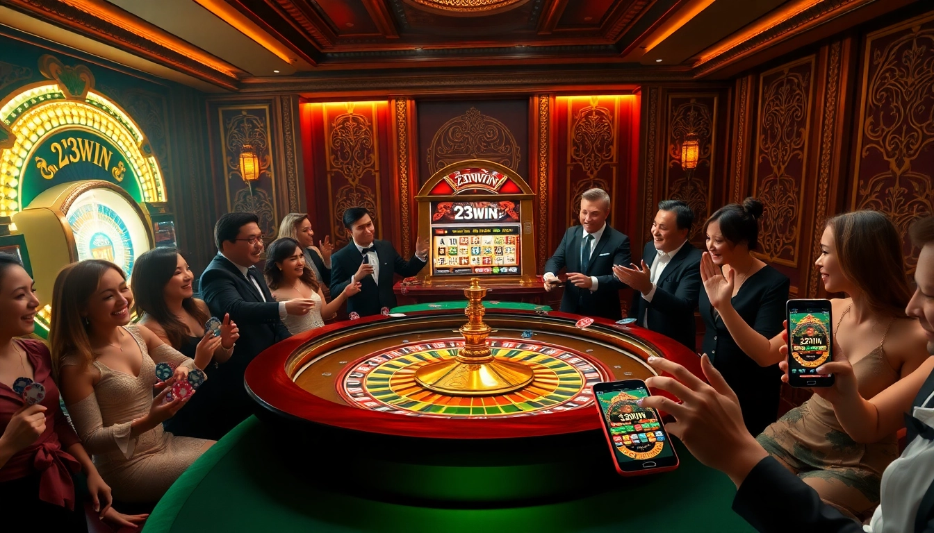 Players enjoying a captivating game at the 23win casino with roulette and vibrant slot machines.