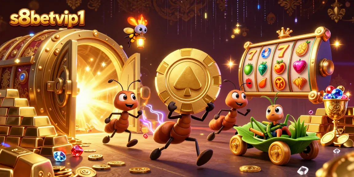 Engage with s8betvip1 in a vibrant heist scene featuring playful cartoon ants and dazzling casino treasures.