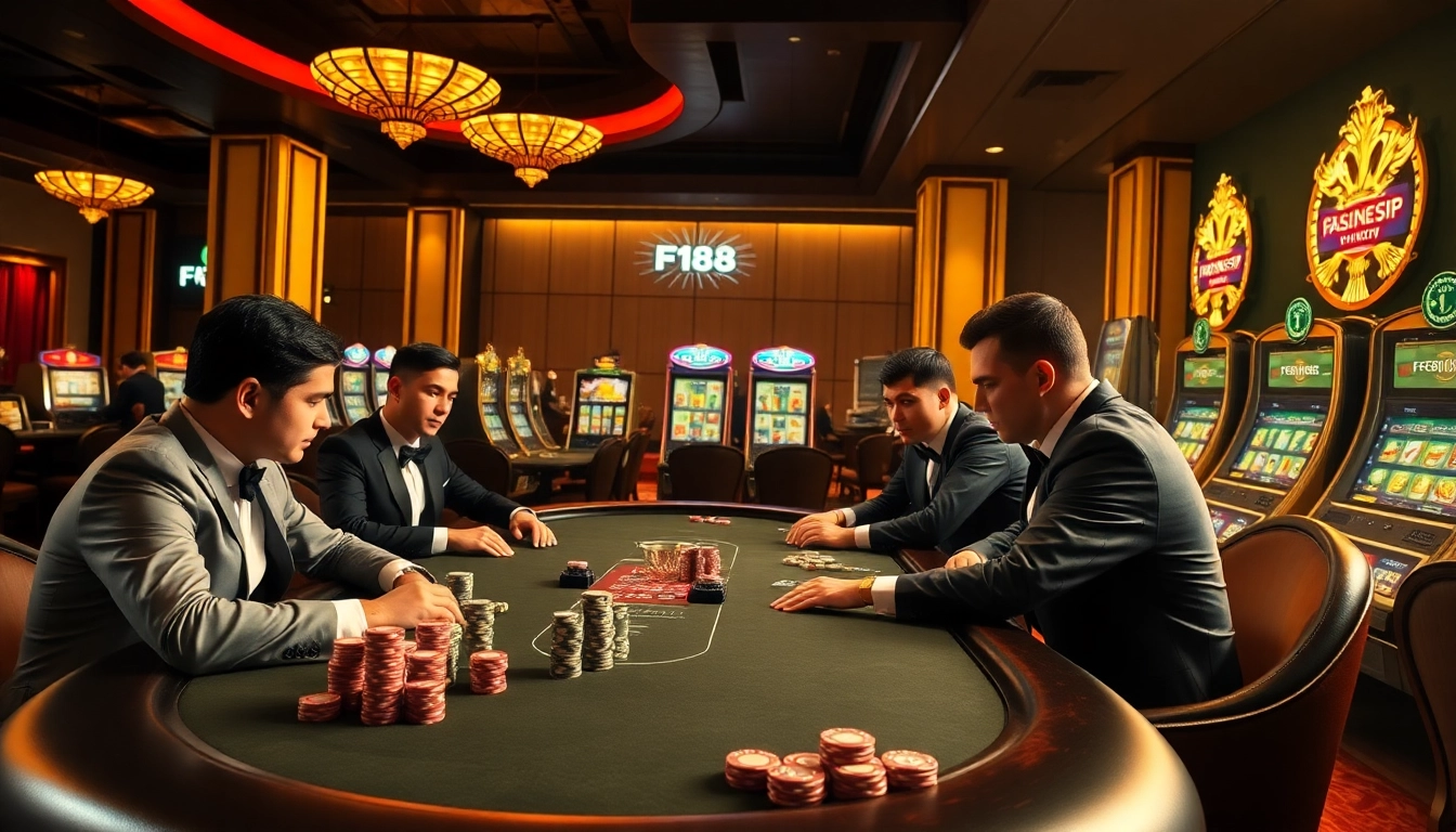 F168 VIP players enjoying high-stakes poker with vibrant casino atmosphere and exciting gameplay.