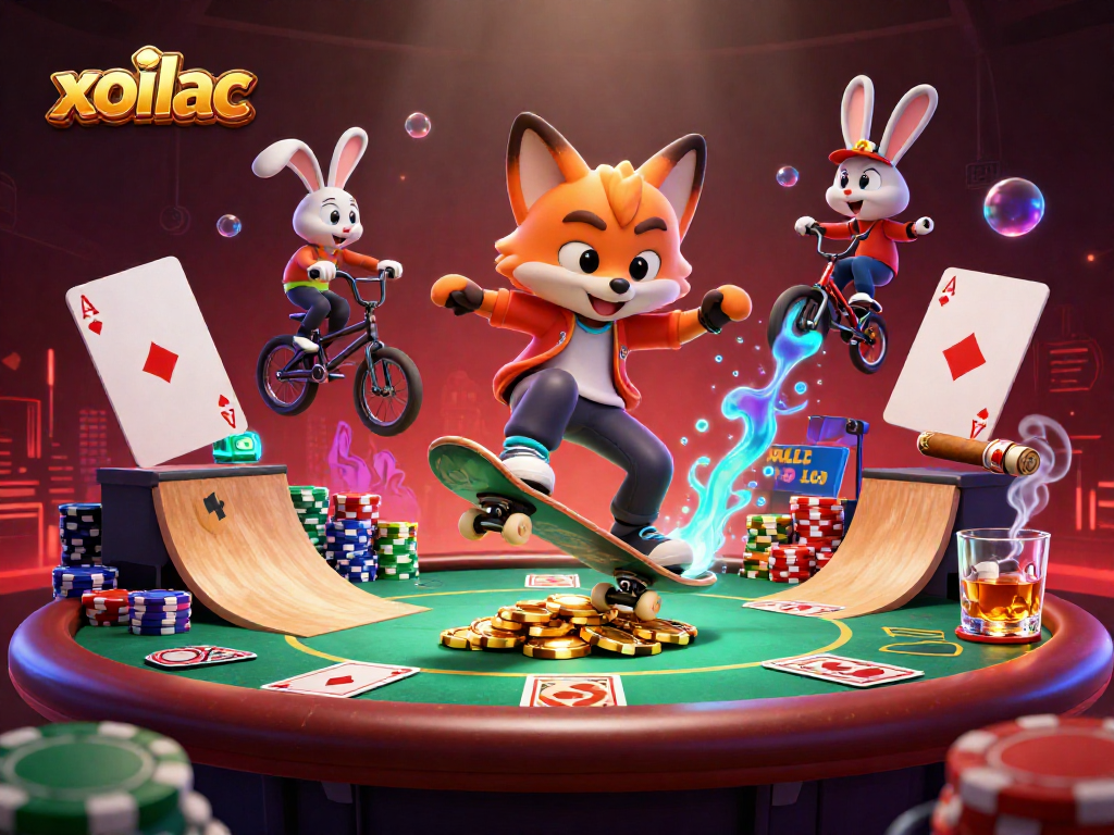 Experience exciting gaming with xoilac in this vibrant 3D casino-themed illustration.