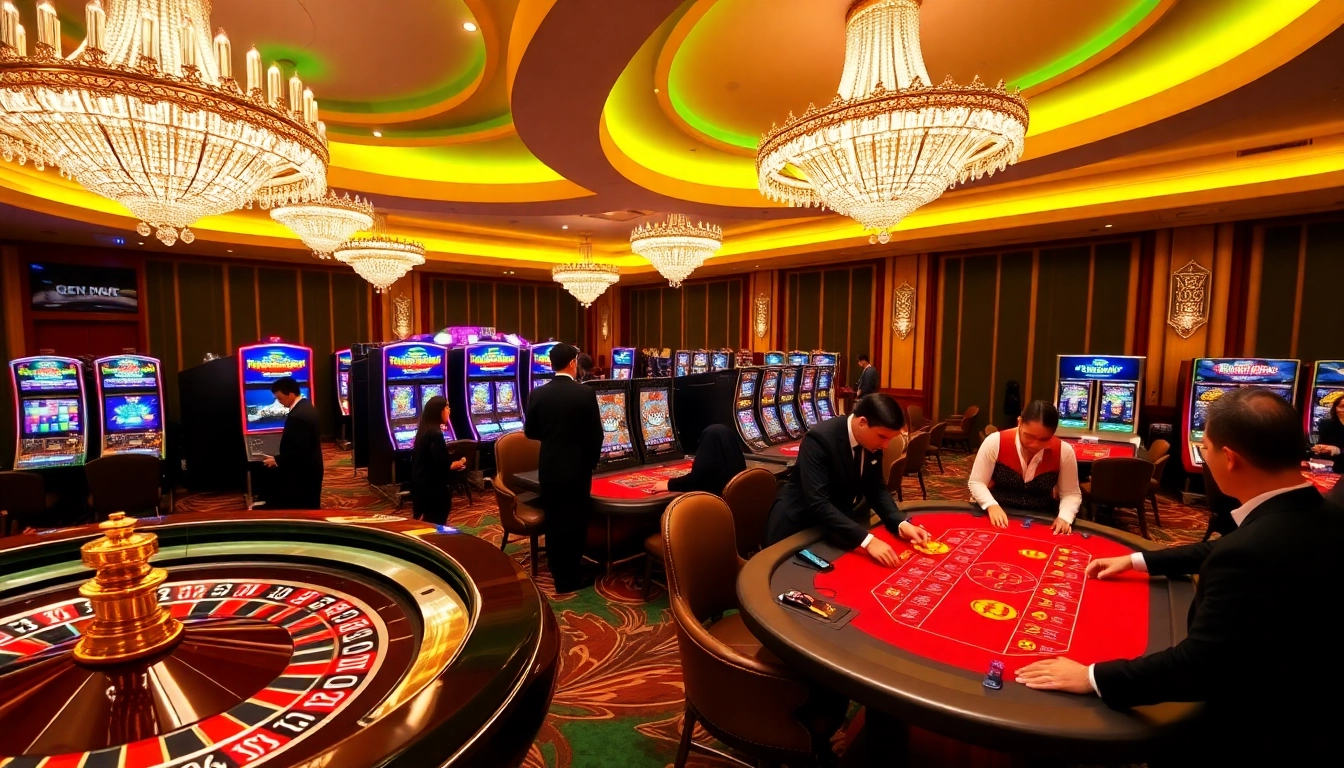 A luxurious casino scene showcasing king88 vina with players engaging in roulette and poker.