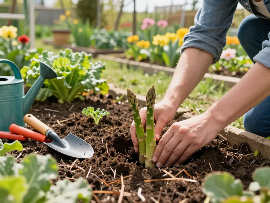 Gardener planting groene asperges planten in vibrant vegetable garden bed